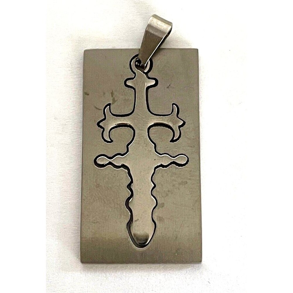 Stainless Steel Silver Tone Laser Cut Double Cross Sword Dog Tag Pendant Jewelry